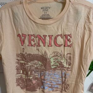 Mighty Fine Beige Venice Tee with Pink Lettering